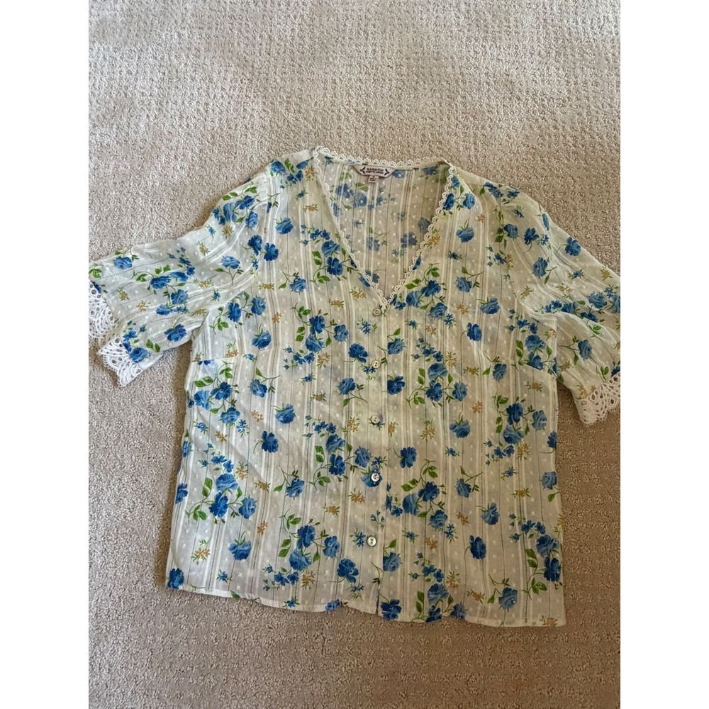 Nanette Lepore Blouse S White Blue Floral Cotton Cottagecore Delicate Coquette